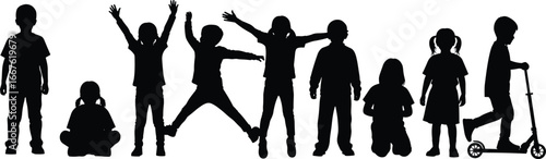 Silhouettes of diverse children in active poses, sitting, jumping, riding scooter, expressive movements, childhood energy, outdoor activity, playful moments