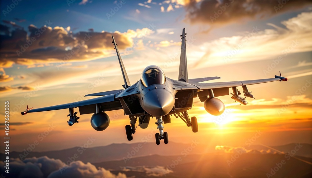 Fototapeta premium Fighter jet flying at sunset over mountains with dramatic sky.