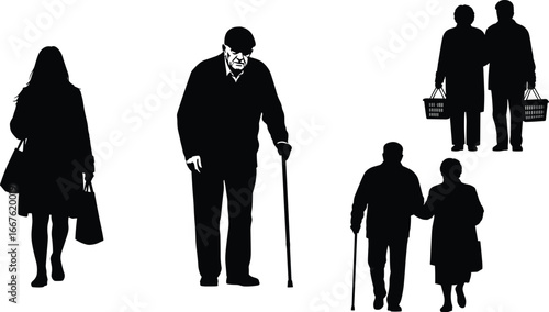Silhouettes of diverse people, shopping bags, walking with cane, urban lifestyle, mobility support, retail activity, pedestrian scene, inclusive design
