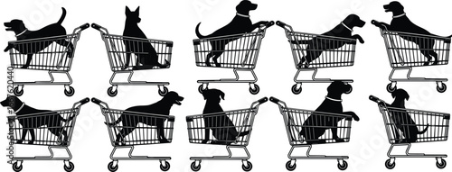 Photography Silhouettes of dogs and cats in shopping carts, pet poses, black contour, retail