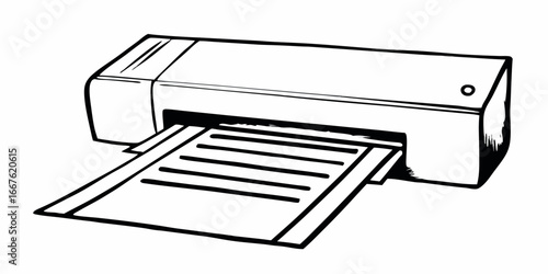 A black and white drawing of a printer with paper coming out of it in a simple line art style
