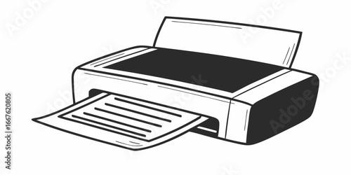 Illustration of a printer with a document coming out of it in black and white style image
