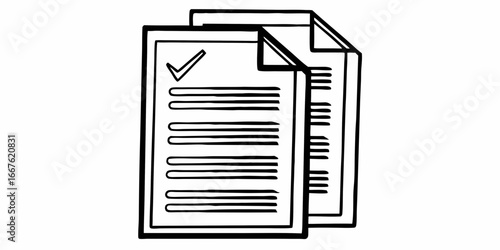 Two documents with lines and a checkmark on the first page in a black and white line drawing style