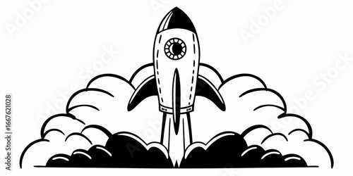 Illustration of a black and white rocket ship launching with clouds of smoke and a round window design