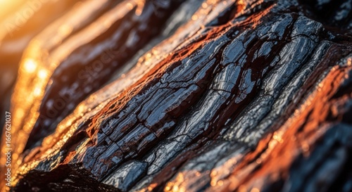 Close-up of textured, wet volcanic rock at sunrise