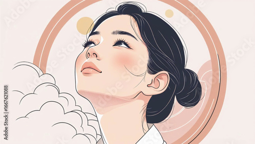 Women's Day Vector illustration of beautiful Asian woman with closed eyes looking at the sky. Ai Generate.