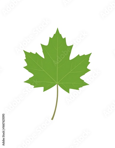 Single, vibrant green maple leaf isolated on white