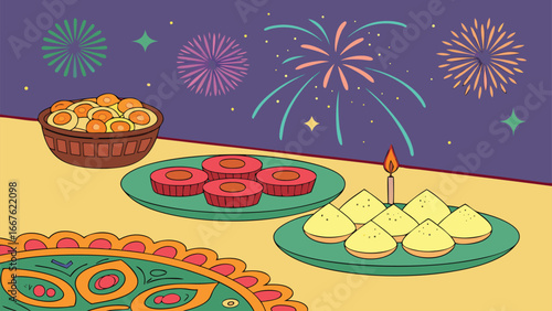 Vibrant Festive Diwali Illustration: Sweet Treats, Fireworks, and Festive Rangoli Design, Celebrating Indian Culture with a Joyful and Cheerful Mood.