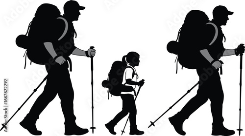 Silhouettes of hikers walking, trekking poles, backpacks, different ages, outdoor adventure, family hiking, nature trail, growth, experience, journey