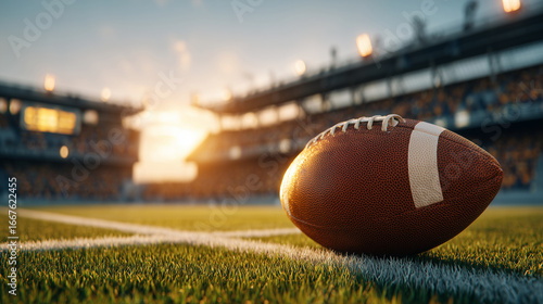 A football resting on the field in a stadium during a sunny day setting sun