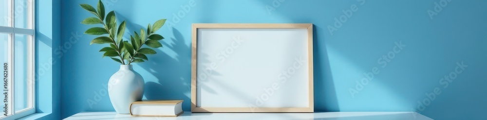 Obraz premium Blank picture frame on blue wall; plants, vase, books, blue, vase, image