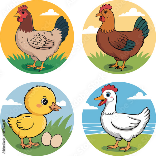 Cartoon chickens and chick with eggs in grassy fields duckling