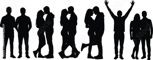Silhouettes of people interacting, kissing couples, raised arms, standing figures, social behavior, relationships, black contour, emotional pose, connection, unity