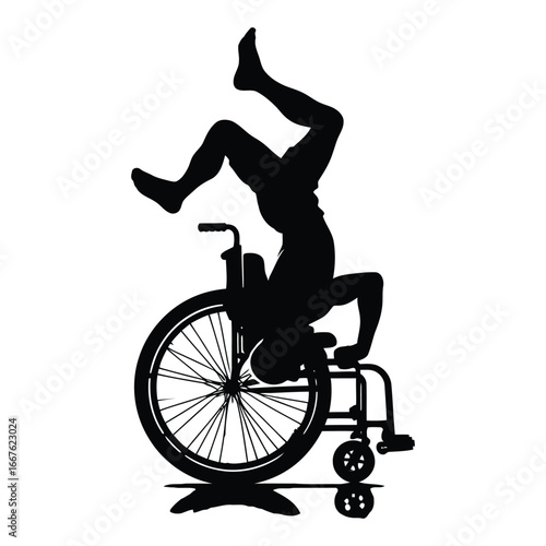 Silhouette of person performing gymnastics handstand on wheelchair showing strength and inclusion 