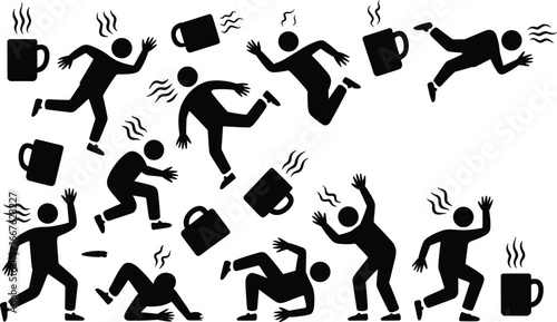 Funny coffee chaos illustration, people falling with mugs, hot drink accident vector, humorous coffee spill clipart, caffeine disaster art, quirky black silhouette design
