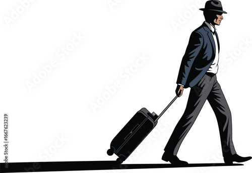 Man in suit and hat pulling suitcase would travel day  on white background