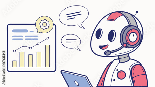 Friendly AI Robot Customer Service Agent Providing Data Analysis and Growth Charts, Positive Upbeat Style, Modern Cartoon Illustration