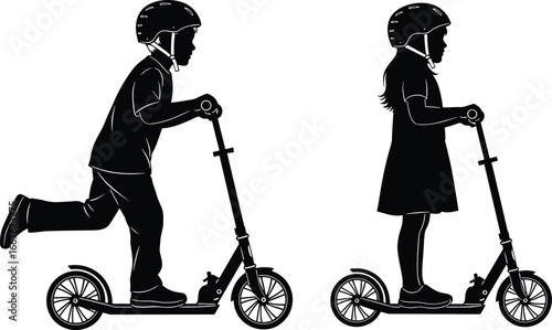 Silhouettes of people riding scooters, helmets, motion, gliding, pushing, two-wheel scooters, outdoor activity, balance, transportation, safety, posture