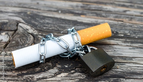 Cigarette locked with a chain and padlock, symbolizing addiction, quitting smoking, and health risks