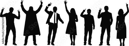 Silhouettes of people standing, hand gestures, peace sign, raised arms, pointing finger, casual and formal attire, black contour, pose variation