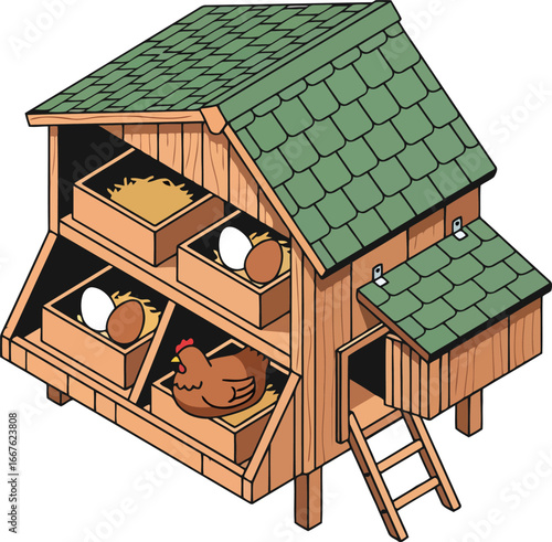 Chicken coop with nesting boxes and eggs house