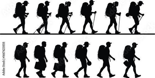 Silhouettes of people walking, backpacks, hats, walking sticks, carrying items, outdoor activity, human movement, hiking, travel gear, motion study