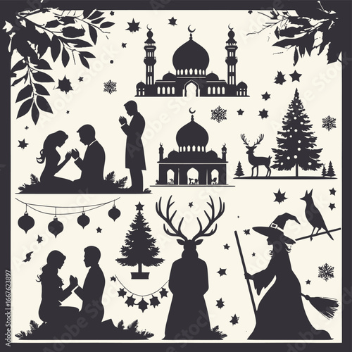 Vintage Paris travel wedding invitation card with a vector illustration of a city silhouette with a church, Eiffel Tower, and a mosque