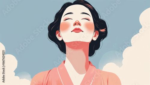 Women's Day Vector illustration of beautiful Asian woman with closed eyes looking at the sky. Ai Generate.