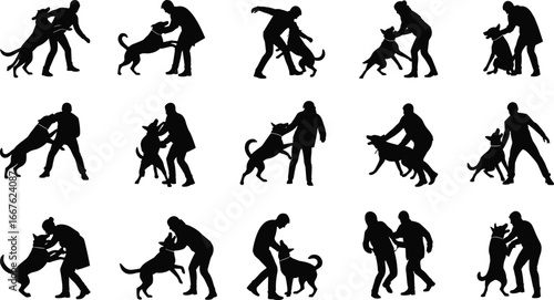 Silhouettes of people with dogs, playful interaction, pet training, jumping dog, bonding moment, black contour, companionship, obedience, gesture, motion