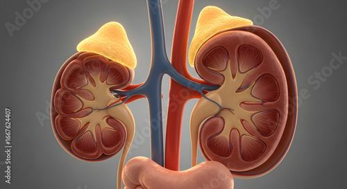 Detailed 3D rendering of the human urinary system, featuring kidneys in cross-section view with adrenal glands and blood vessels