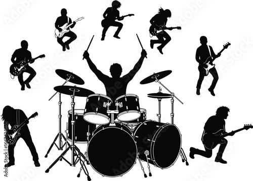 Silhouettes of rock band performing, drummer center stage, guitarists jumping, live music energy, concert scene, dynamic pose, black contour, stage action