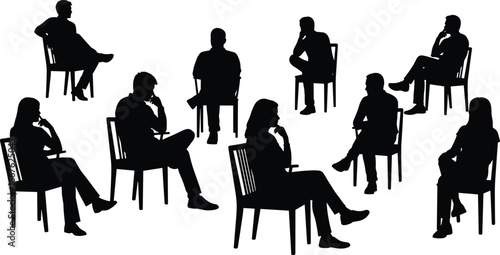 Silhouettes of seated people, circular arrangement, thoughtful pose, group discussion, meeting concept, contemplation, black contour, chairs, teamwork, reflection