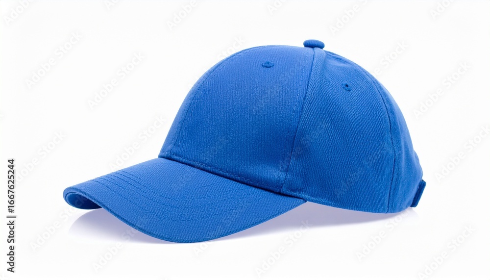 Fototapeta premium Blue baseball cap with curved brim on white background.