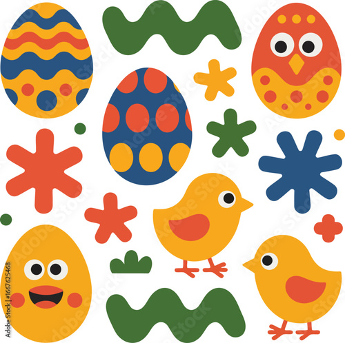 Colorful Easter eggs and chicks with abstract shapes yellow orange