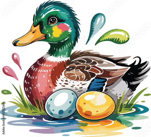 Colorful mallard duck with eggs and water splashes bird animal