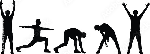 Silhouettes of stretching poses, exercise movements, fitness routine, body flexibility, black contour, physical activity, wellness, posture, balance, health