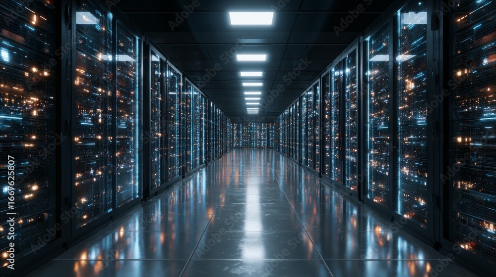 Fototapeta premium Modern high-tech data center operations and futuristic server room infrastructure