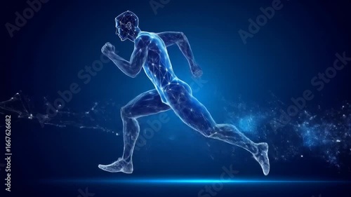 Wallpaper Mural Futuristic Athlete Running with Transparent Human Body with Energy Flows, and Blue Backdrop. Torontodigital.ca