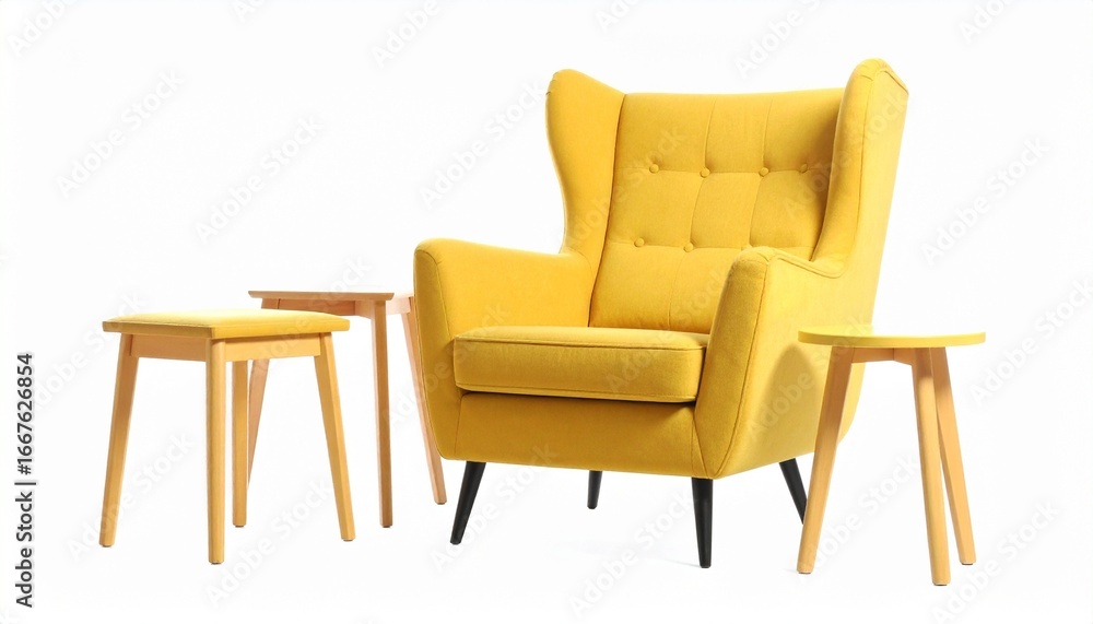 Obraz premium Yellow armchair and stacked stools on white floor with rustic wood backdrop.