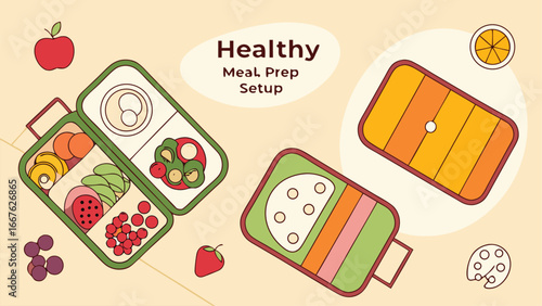 Healthy Meal Prep: Vibrant Flat Lay Illustration of Colorful Bento Boxes Filled with Fresh Fruits, Vegetables, and Dairy for a Balanced Diet.