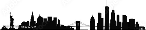 New York skyline silhouette, cityscape with Brooklyn Bridge, Manhattan buildings, Statue of Liberty, famous landmarks, USA architecture, urban illustration, iconic black vector art.
