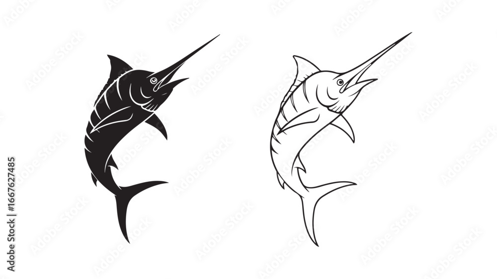Obraz premium Marlin fish outline and silhouette for nautical design