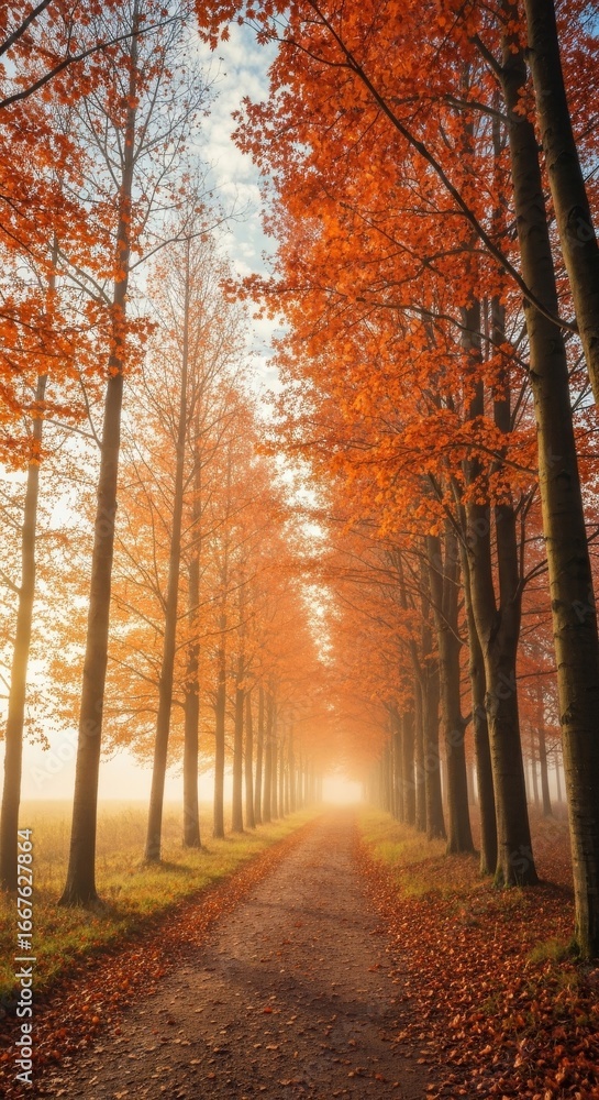 Obraz premium Golden autumn path lined with vibrant orange trees leading into a soft, misty light.