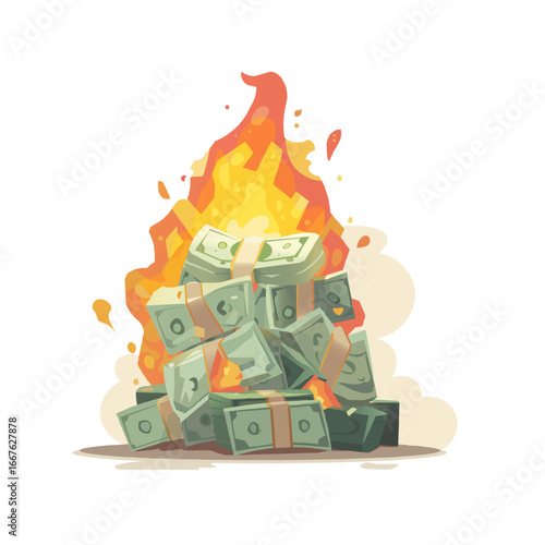 Stack of green dollar bills burning in bright orange and yellow flames