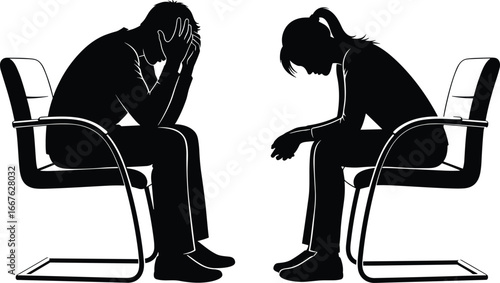 Two silhouette figures seated face to face, contemplative posture, emotional tension, modern chairs, psychological theme, minimal design, black and white