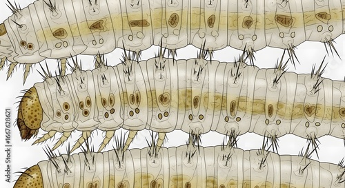 Detailed Macro Illustration of Three Spiky Caterpillars in Close-Up Formation