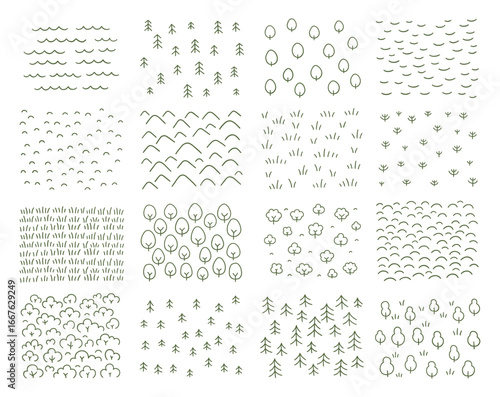 Designation on the map. Asset Signs on the map. Physical features. Hand drawn vector line contour.