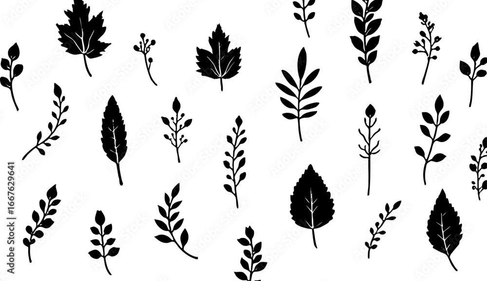 Fototapeta premium Seamless Black Leaf Pattern on White Background