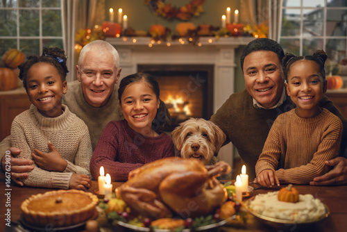 Multigenerational Family Celebrating Thanksgiving at Home Festive Holiday Table with Roasted Turkey, Pumpkin Pie, and Candles Warm Gathering by Fireplace with Children, Grandparent, and Pet Dog