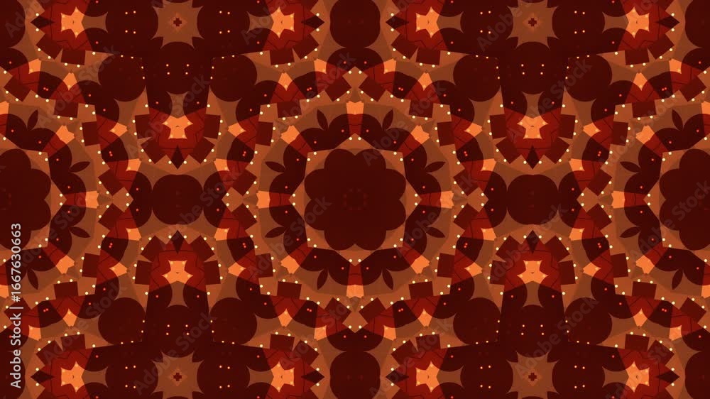 Elaborate kaleidoscopic pattern suitable for backgrounds, textiles, decor. Floral, geometric shapes, warm hues create vibrant and intricate design.